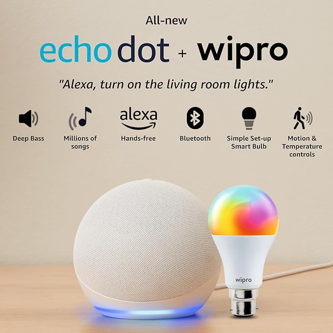 Amazon Echo Dot (5th Gen, White) Smart Home Speaker Combo with Wipro Simple Setup 9W LED Smart Bulb