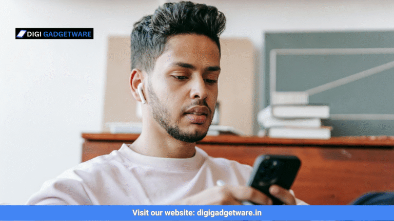 a young man using TWS earbuds and having a smartphone on his hand