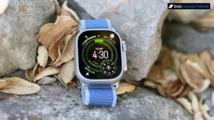 blue strap apple watch ultra 3 on the stone